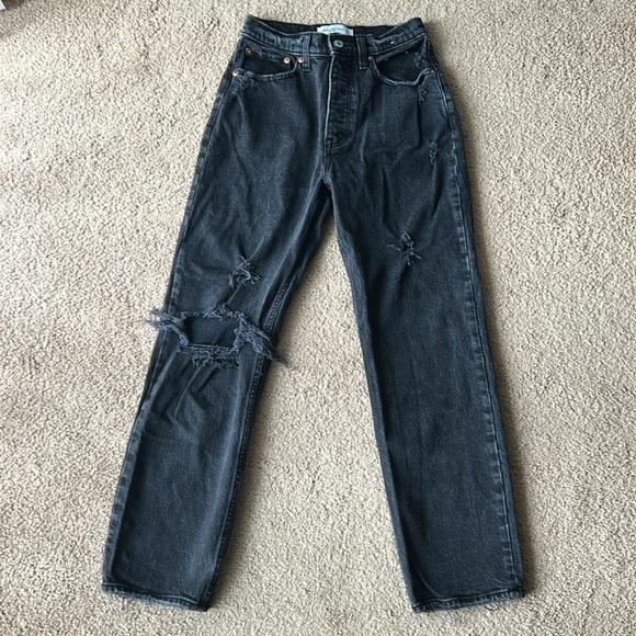 Abercrombie and Fitch High Rise Dad Straight Leg Black Destroy Jeans - Picture 4 of 12